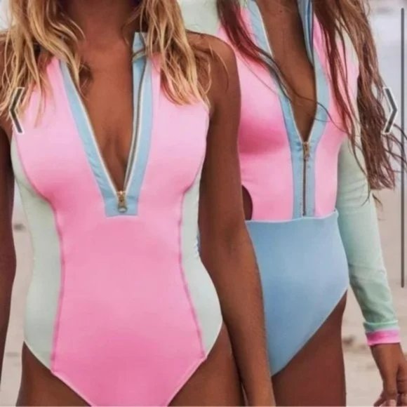 LOVESHACKFANCY HURLEY X ONE PIECE LARGE COLOR BLOCK ZIP FRONT PINK GREEN BLUE - Picture 3 of 11